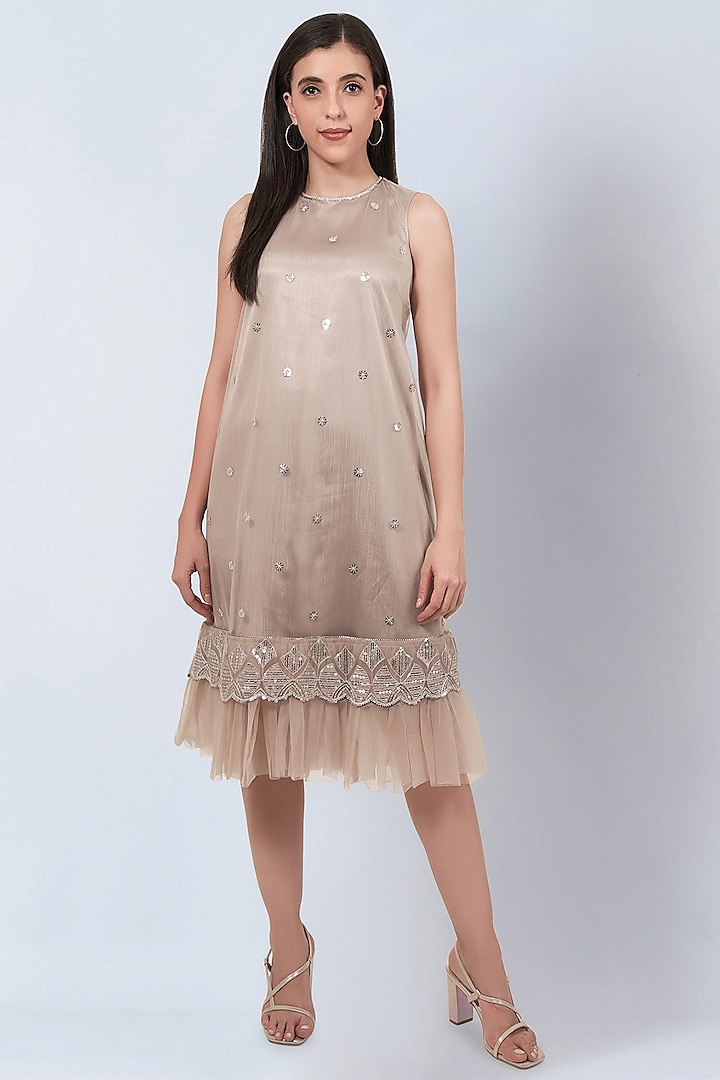 Beige Net Sequins Embroidered A-line Dress by First Resort by Ramola Bachchan