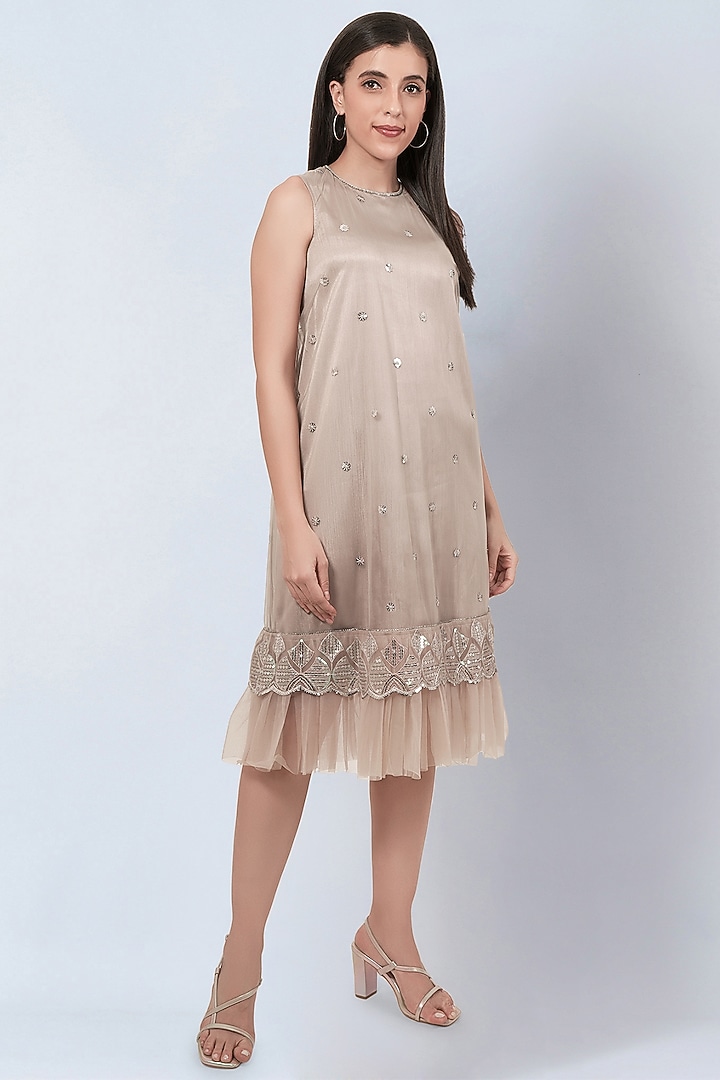 Beige Net Sequins Embroidered A-line Summer Dress by First Resort by Ramola Bachchan at Pernia's Pop Up Shop