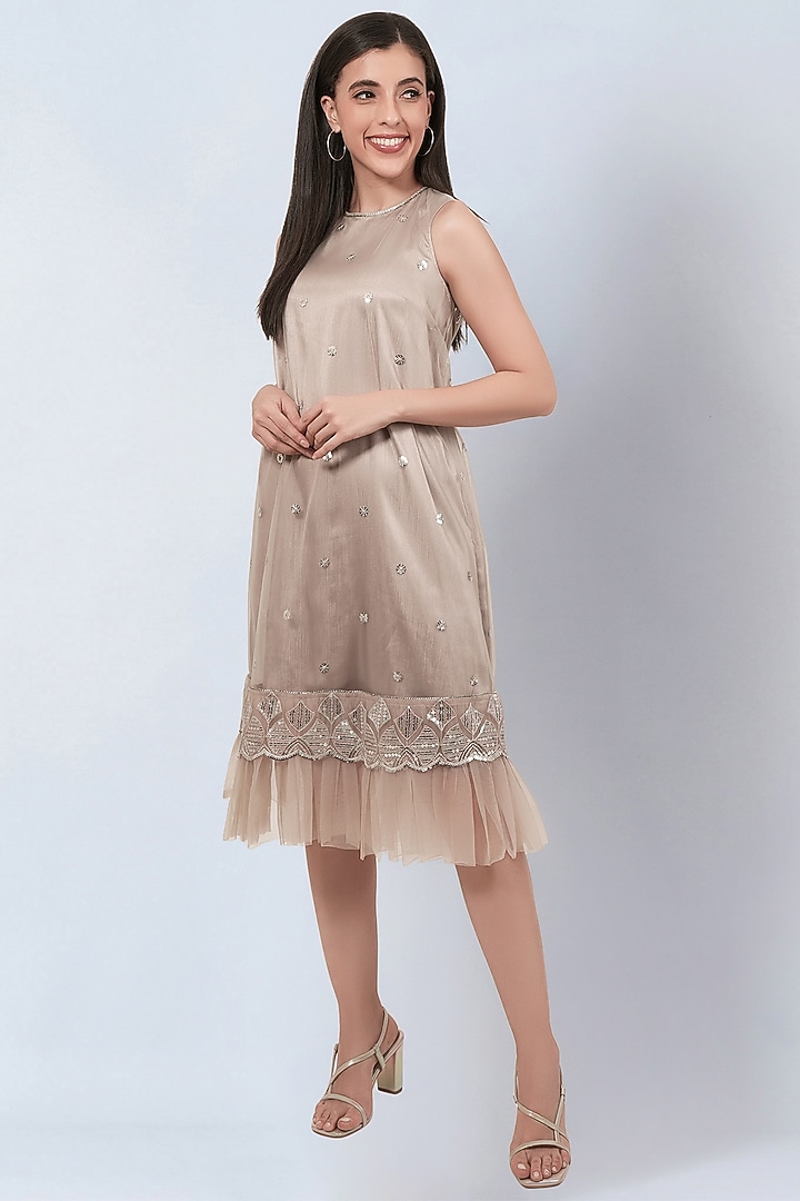 Beige Net Sequins Embroidered A-line Summer Dress by First Resort by Ramola Bachchan at Pernia's Pop Up Shop