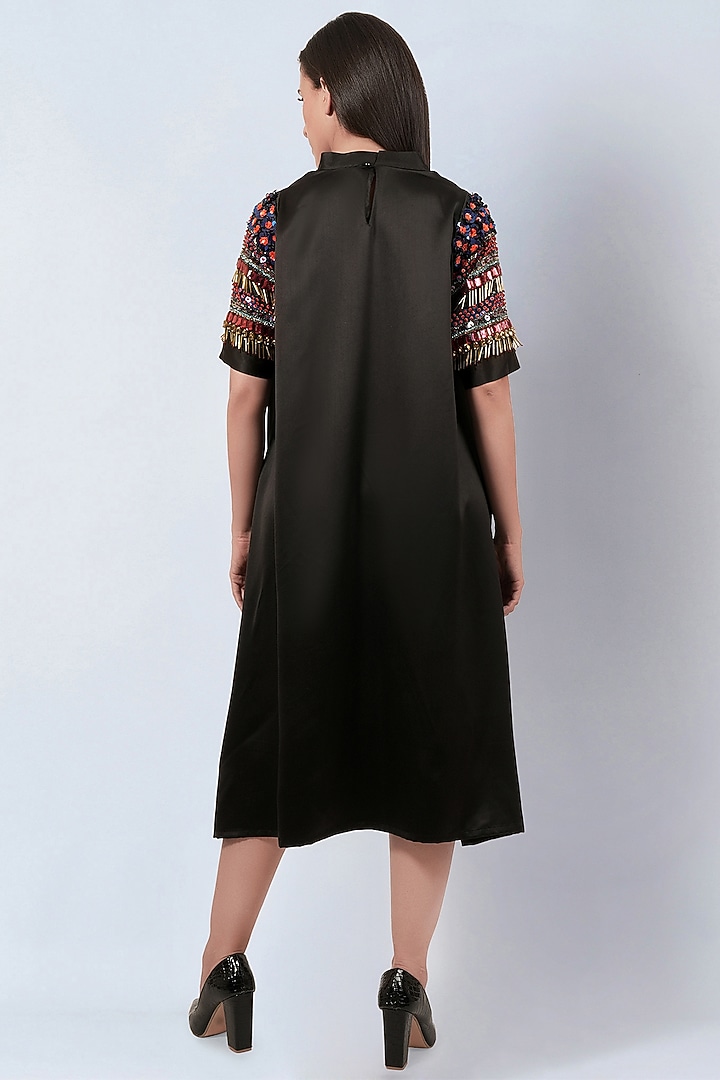 Black Polyester Satin Hand Embroidered Asymmetrical Summer Dress by First Resort by Ramola Bachchan at Pernia's Pop Up Shop