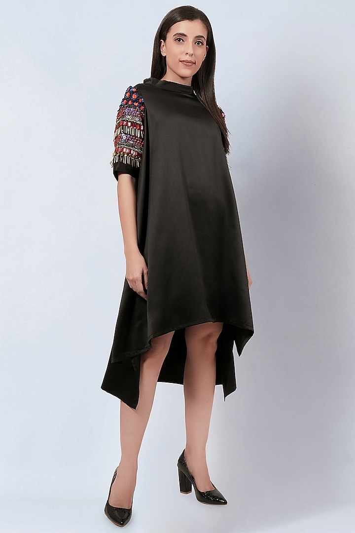 Black Polyester Satin Hand Embroidered Asymmetrical Summer Dress by First Resort by Ramola Bachchan at Pernia's Pop Up Shop