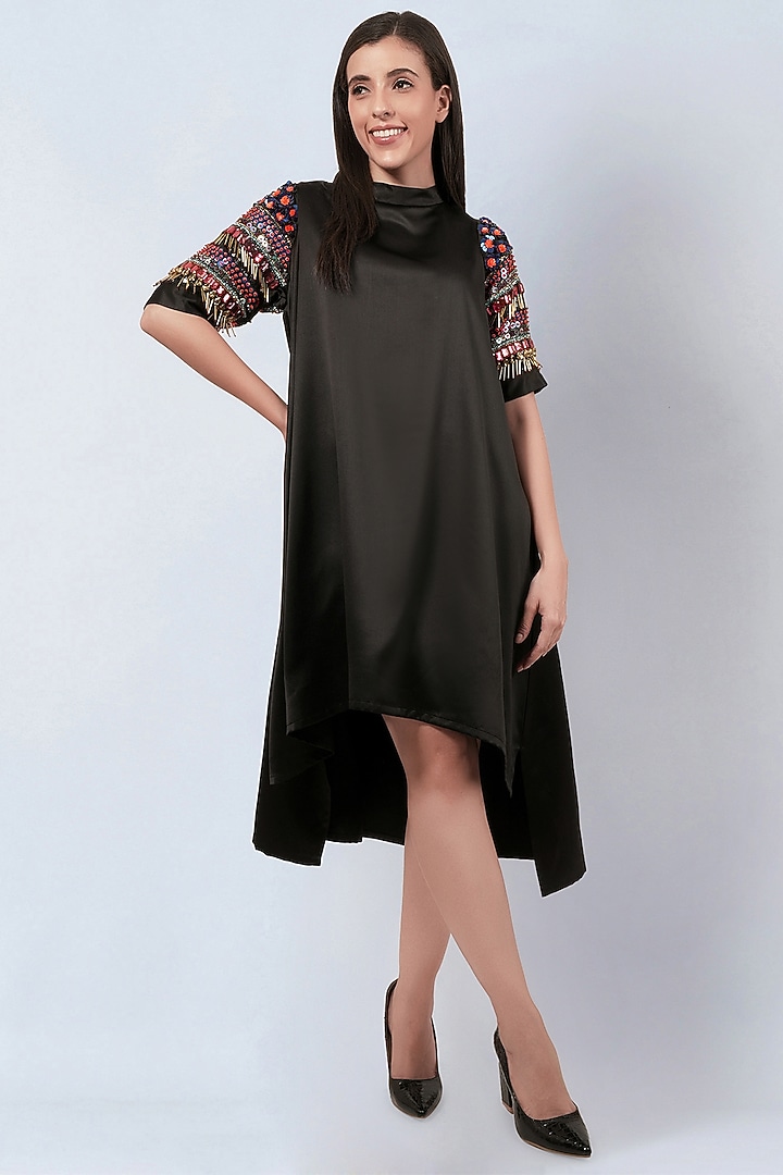 Black Polyester Satin Hand Embroidered Asymmetrical Summer Dress by First Resort by Ramola Bachchan at Pernia's Pop Up Shop