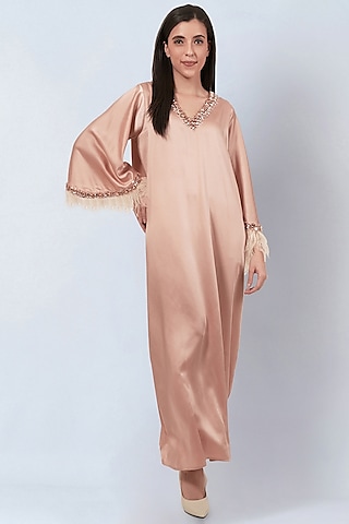 Peach Polyester Satin Crystal Hand Embroidered Maxi Dress by First Resort by Ramola Bachchan