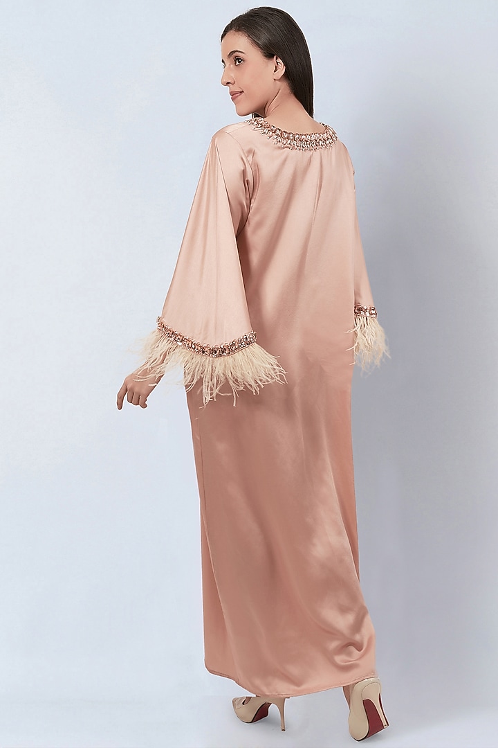Peach Polyester Satin Crystal Hand Embroidered Maxi Summer Dress by First Resort by Ramola Bachchan at Pernia's Pop Up Shop