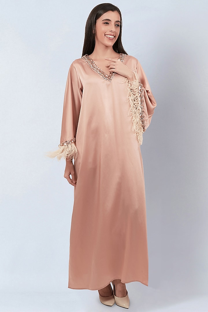Peach Polyester Satin Crystal Hand Embroidered Maxi Summer Dress by First Resort by Ramola Bachchan at Pernia's Pop Up Shop