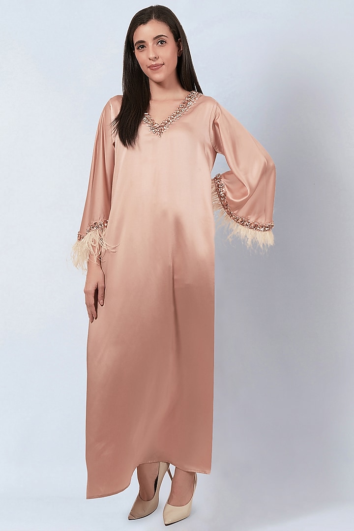 Peach Polyester Satin Crystal Hand Embroidered Maxi Summer Dress by First Resort by Ramola Bachchan at Pernia's Pop Up Shop