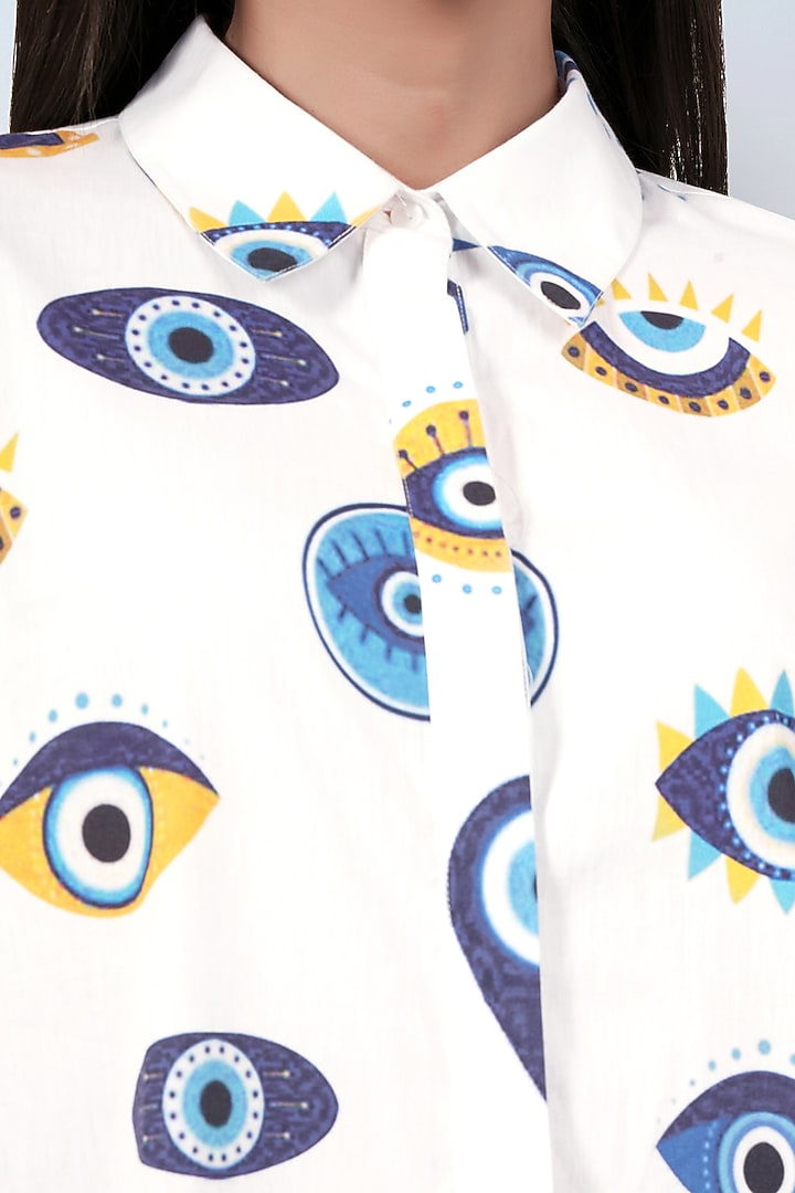 White Cotton Poplin Printed High-Low Summer Shirt Dress by First Resort by Ramola Bachchan at Pernia's Pop Up Shop