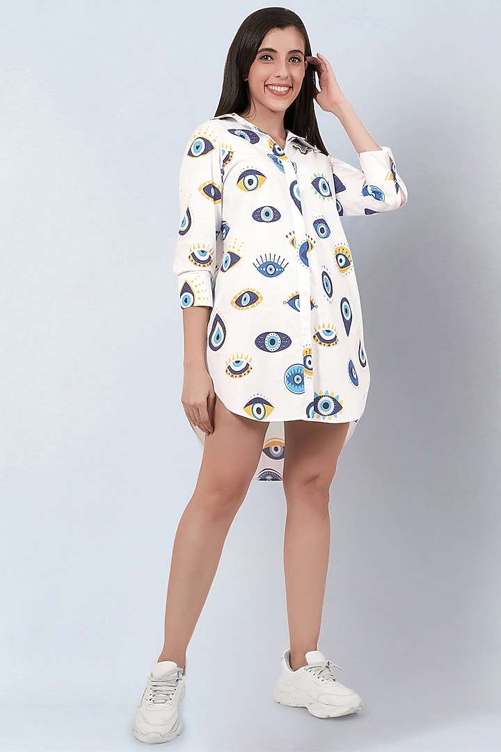 White Cotton Poplin Printed High-Low Summer Shirt Dress by First Resort by Ramola Bachchan at Pernia's Pop Up Shop