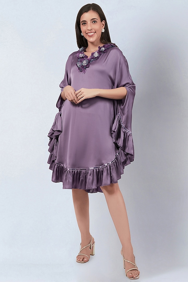 Purple Polyester Satin Ruffled Summer Dress by First Resort by Ramola Bachchan at Pernia's Pop Up Shop