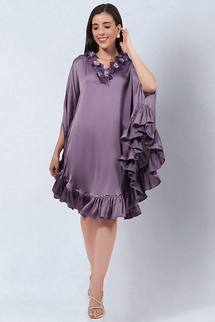 Purple Polyester Satin Ruffled Summer Dress by First Resort by Ramola Bachchan at Pernia's Pop Up Shop