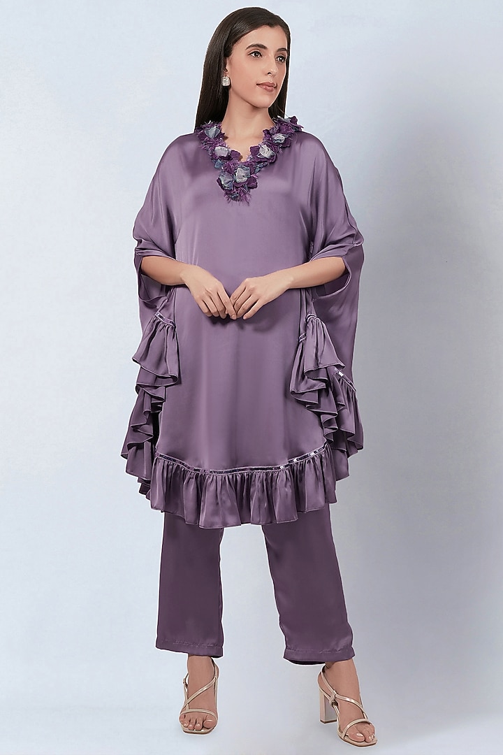 Purple Polyester Satin Ruffled Tunic Set by First Resort by Ramola Bachchan at Pernia's Pop Up Shop
