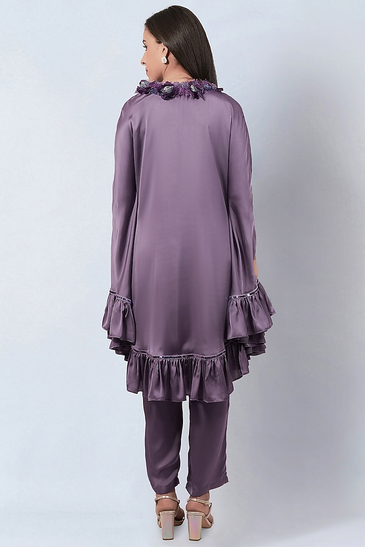 Purple Polyester Satin Ruffled Tunic Set by First Resort by Ramola Bachchan at Pernia's Pop Up Shop