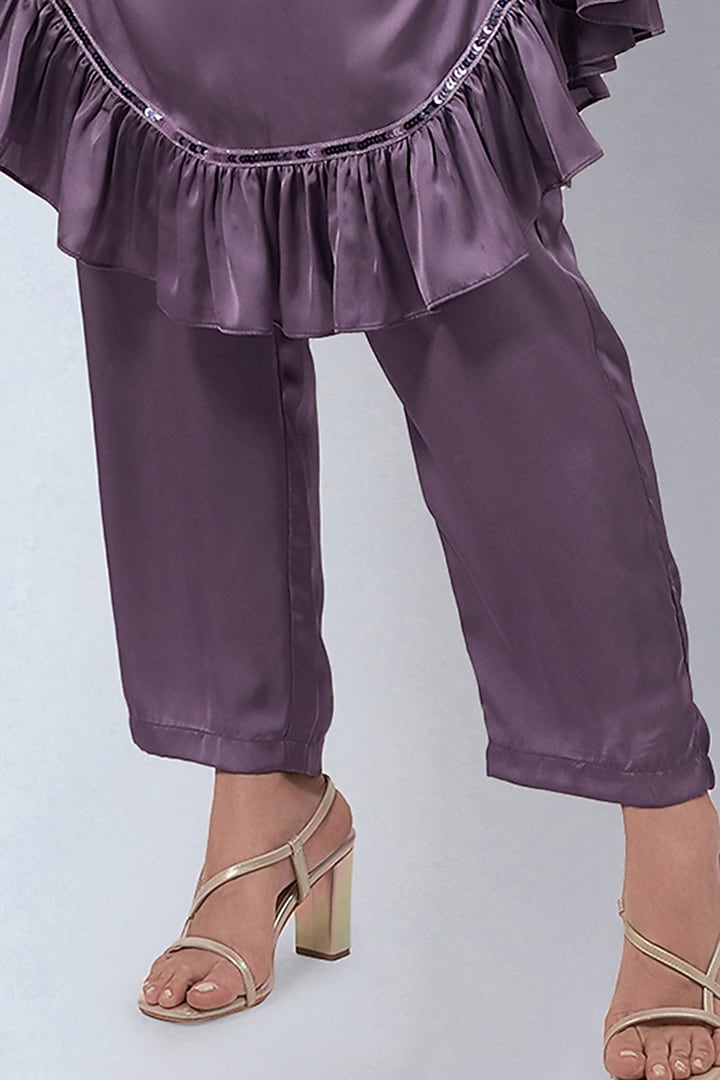 Purple Polyester Satin Ruffled Tunic Set by First Resort by Ramola Bachchan at Pernia's Pop Up Shop