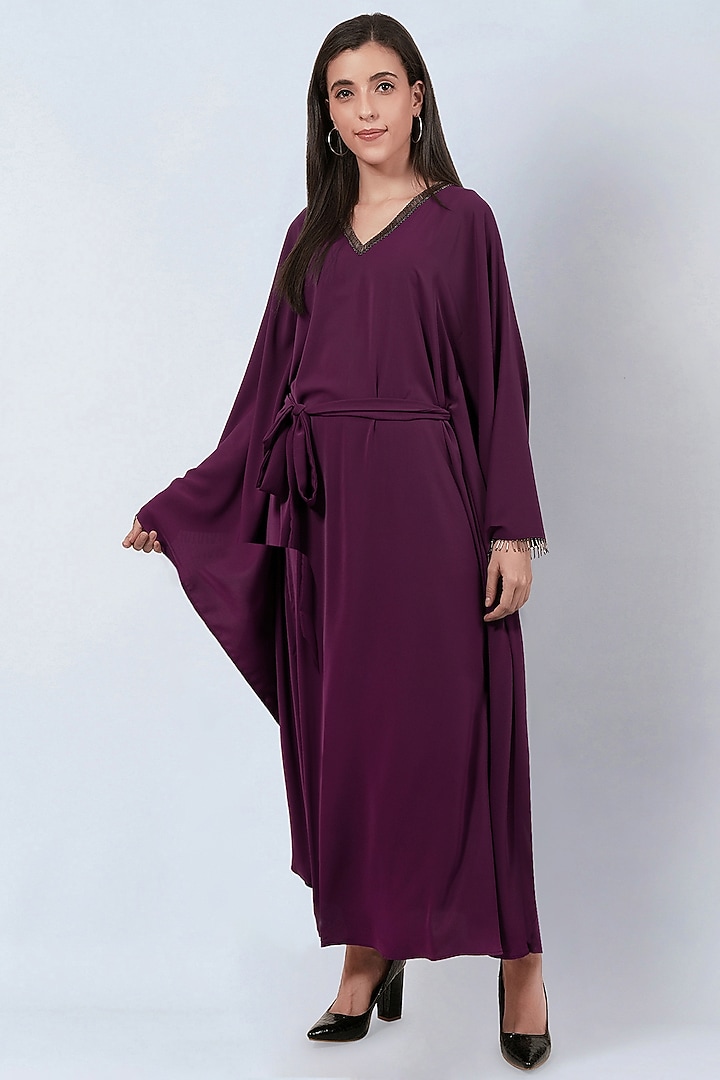 Purple Polyester Crepe Bead Embroidered Kaftan by First Resort by Ramola Bachchan at Pernia's Pop Up Shop