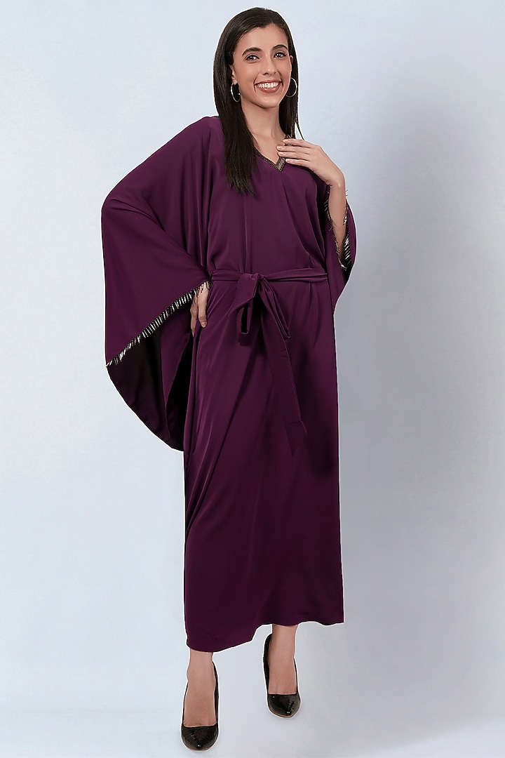 Purple Polyester Crepe Bead Embroidered Kaftan by First Resort by Ramola Bachchan at Pernia's Pop Up Shop