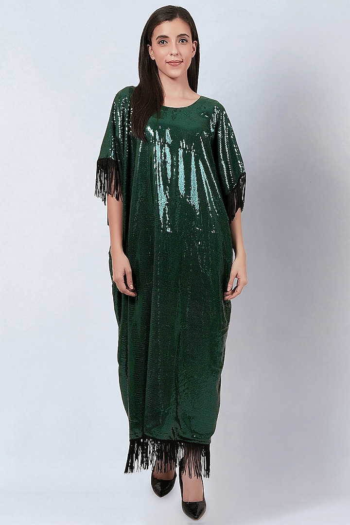 Green Sequins Georgette Embellished Kaftan by First Resort by Ramola Bachchan