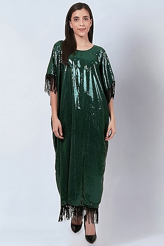 Green Sequins Georgette Embellished Kaftan by First Resort by Ramola Bachchan