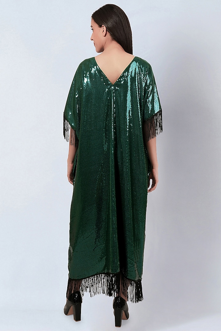 Green Sequins Georgette Embellished Kaftan by First Resort by Ramola Bachchan at Pernia's Pop Up Shop