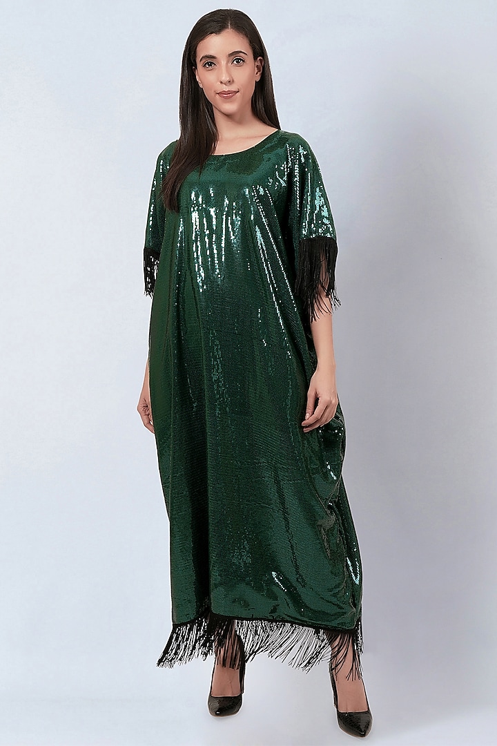 Green Sequins Georgette Embellished Kaftan by First Resort by Ramola Bachchan at Pernia's Pop Up Shop