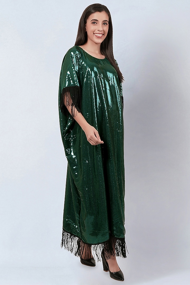 Green Sequins Georgette Embellished Kaftan by First Resort by Ramola Bachchan at Pernia's Pop Up Shop