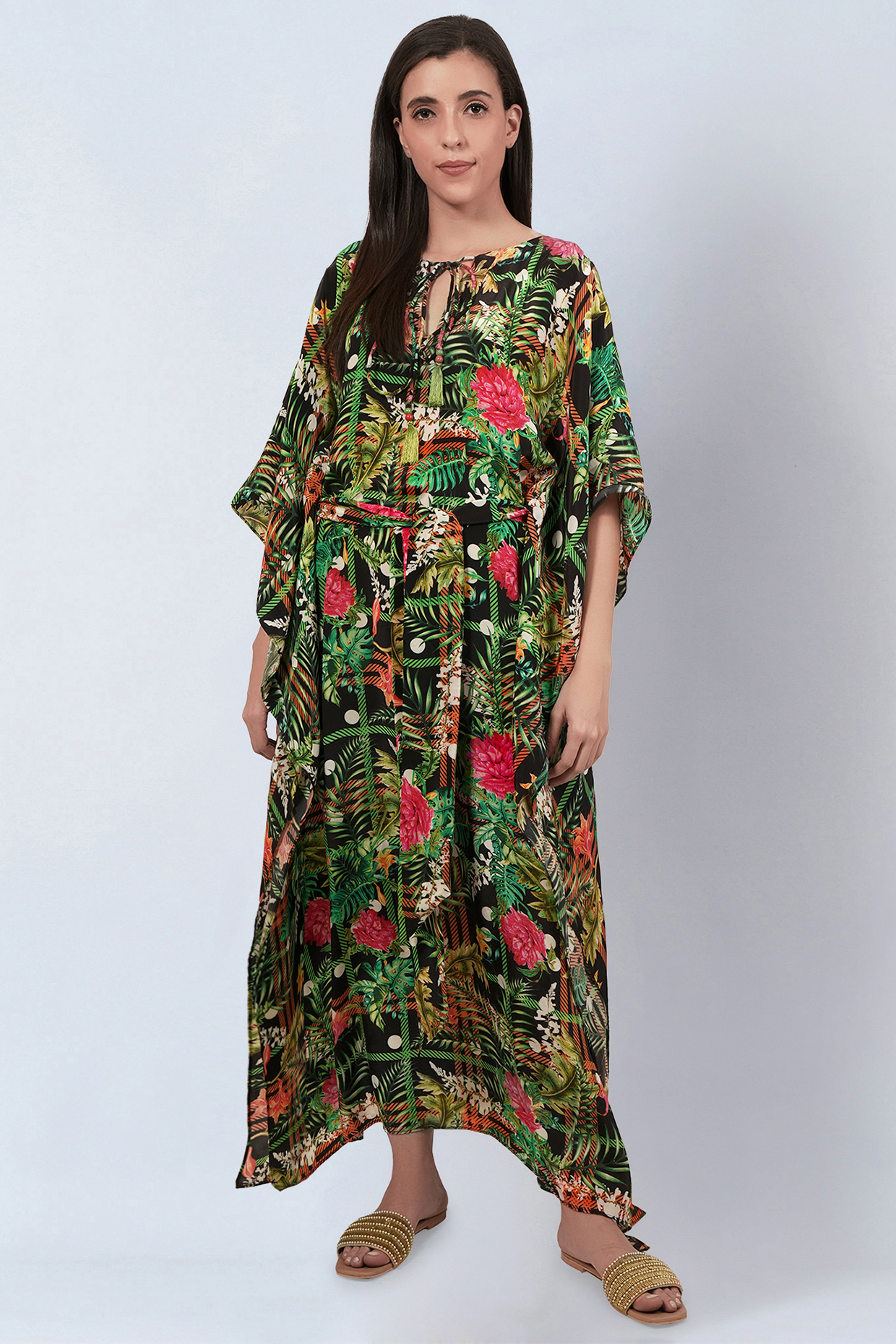 Black & Green Viscose Crepe Jungle Printed Kaftan by First Resort by Ramola Bachchan at Pernia's Pop Up Shop