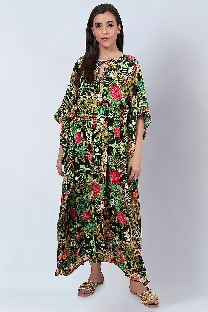 Black & Green Viscose Crepe Jungle Printed Kaftan by First Resort by Ramola Bachchan at Pernia's Pop Up Shop