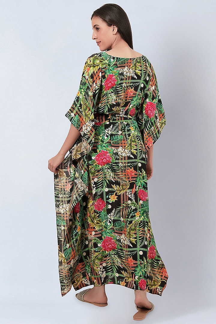 Black & Green Viscose Crepe Jungle Printed Kaftan by First Resort by Ramola Bachchan at Pernia's Pop Up Shop