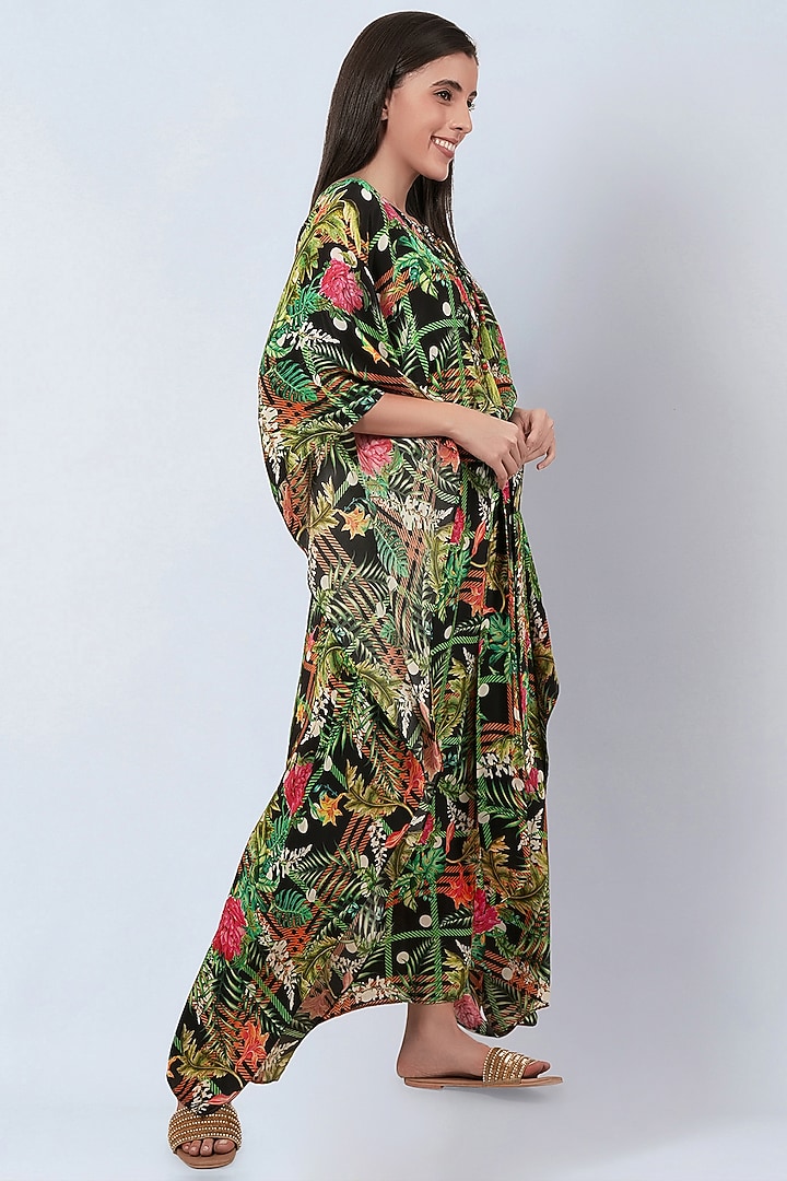 Black & Green Viscose Crepe Jungle Printed Kaftan by First Resort by Ramola Bachchan at Pernia's Pop Up Shop