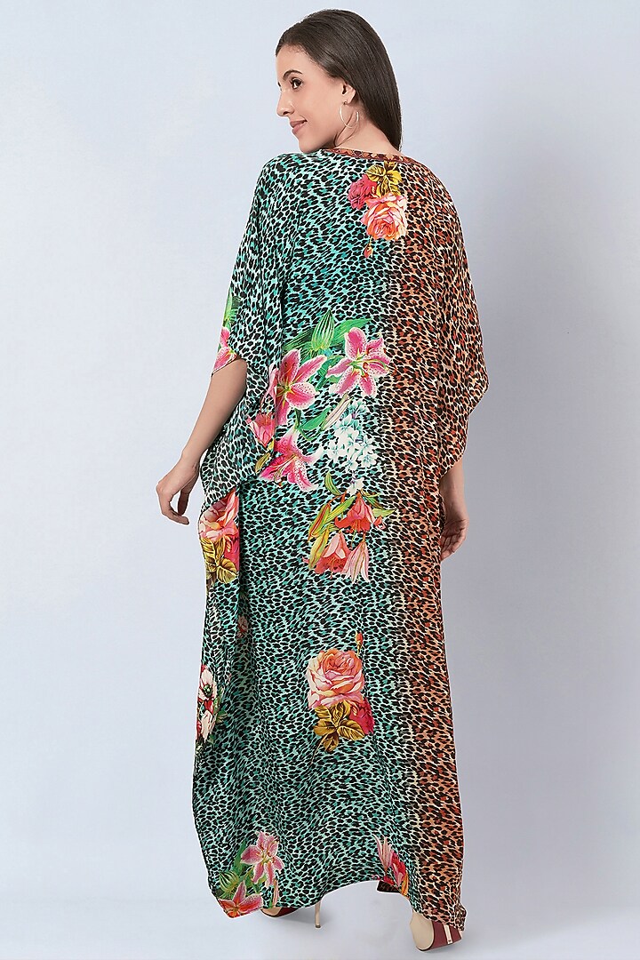 Brown & Turquoise Viscose Crepe Animal Printed Kaftan by First Resort by Ramola Bachchan at Pernia's Pop Up Shop