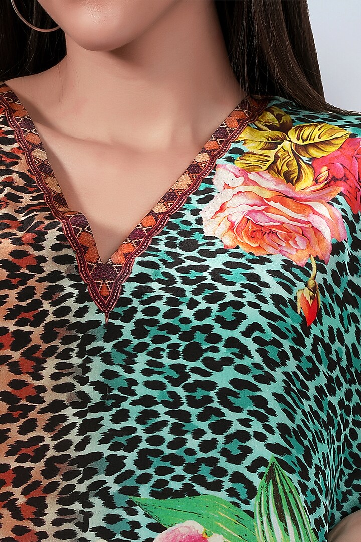 Brown & Turquoise Viscose Crepe Animal Printed Kaftan by First Resort by Ramola Bachchan at Pernia's Pop Up Shop