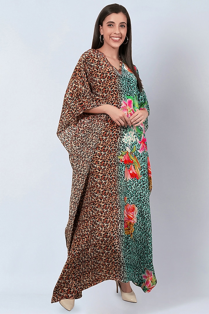 Brown & Turquoise Viscose Crepe Animal Printed Kaftan by First Resort by Ramola Bachchan at Pernia's Pop Up Shop