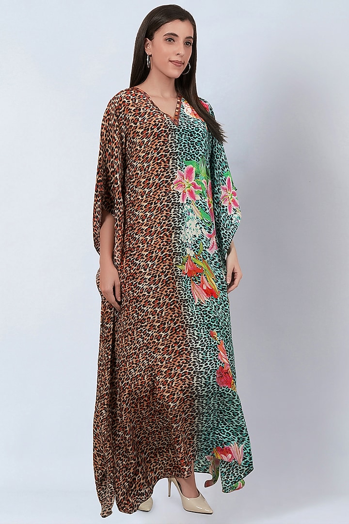 Brown & Turquoise Viscose Crepe Animal Printed Kaftan by First Resort by Ramola Bachchan at Pernia's Pop Up Shop