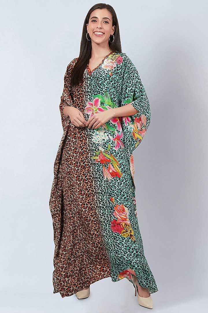 Brown & Turquoise Viscose Crepe Animal Printed Kaftan by First Resort by Ramola Bachchan at Pernia's Pop Up Shop