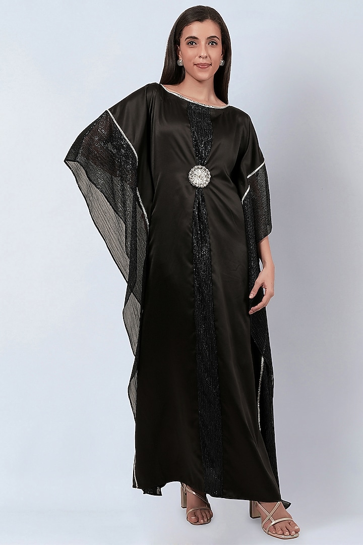 Black Polyester Satin Floral Motif Embroidered Kaftan by First Resort by Ramola Bachchan