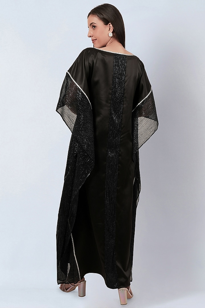 Black Polyester Satin Floral Motif Embroidered Kaftan by First Resort by Ramola Bachchan at Pernia's Pop Up Shop