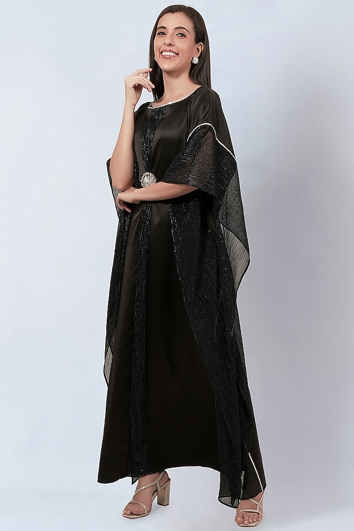 Black Polyester Satin Floral Motif Embroidered Kaftan by First Resort by Ramola Bachchan at Pernia's Pop Up Shop