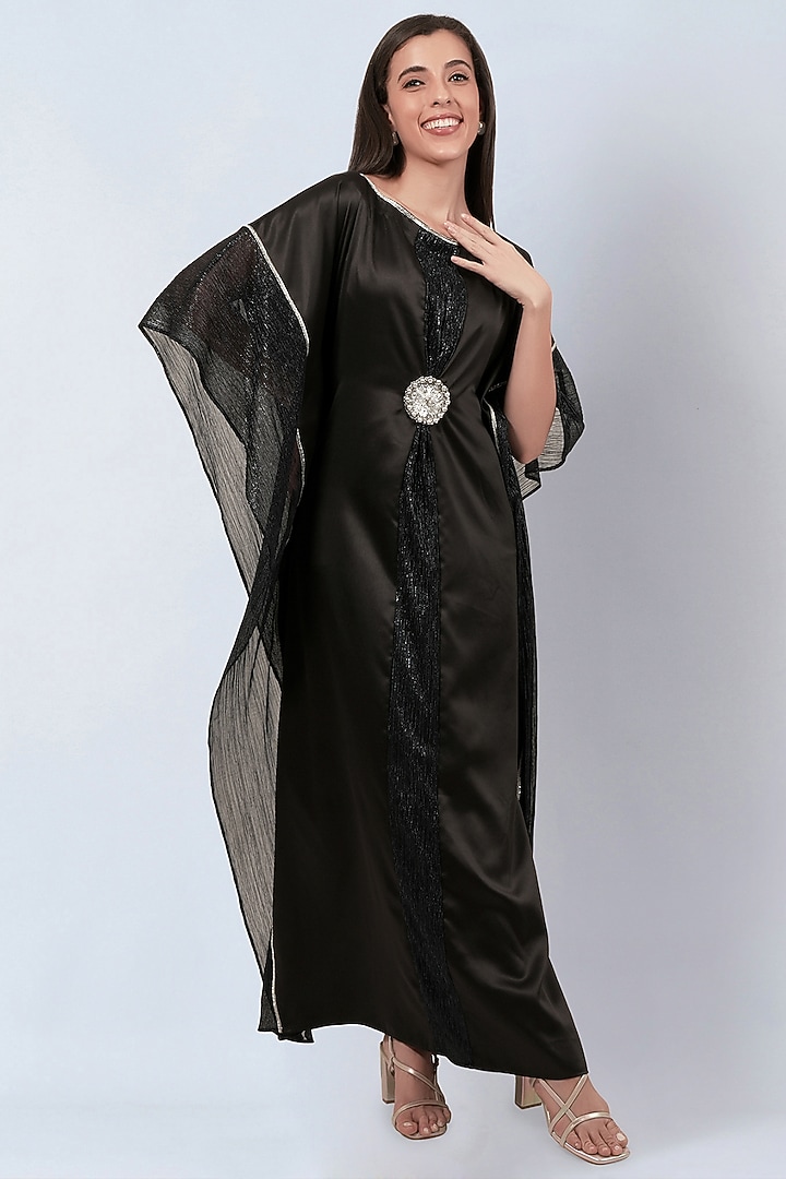 Black Polyester Satin Floral Motif Embroidered Kaftan by First Resort by Ramola Bachchan at Pernia's Pop Up Shop