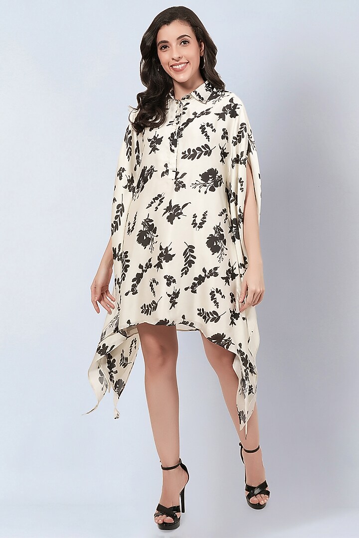 Ivory & Black Satin Georgette Floral Printed Kaftan Tunic by First Resort by Ramola Bachchan at Pernia's Pop Up Shop