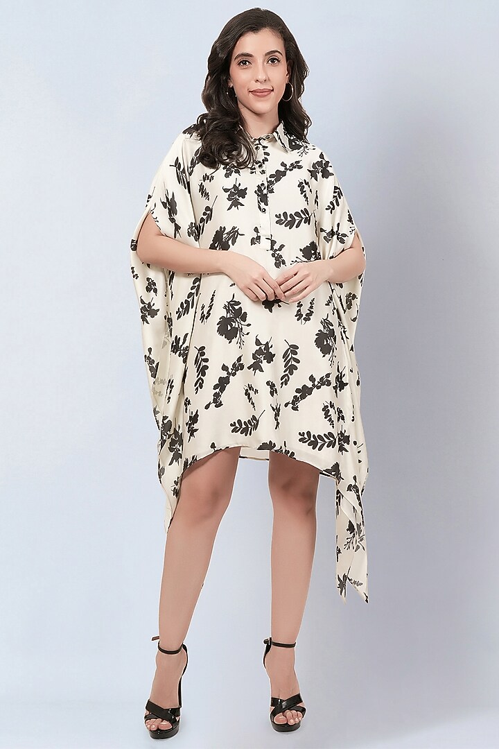 Ivory & Black Satin Georgette Floral Printed Kaftan Tunic by First Resort by Ramola Bachchan at Pernia's Pop Up Shop