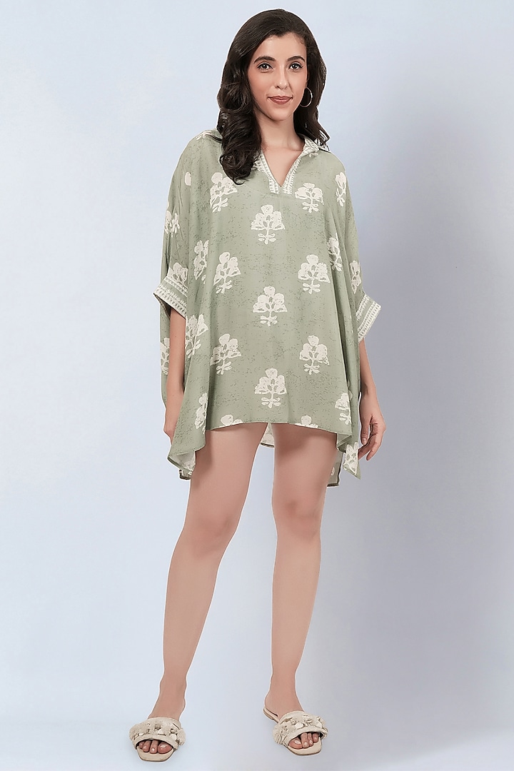 Sage Green Viscose Mulmul Floral Printed Tunic by First Resort by Ramola Bachchan