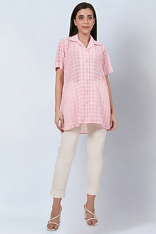 Pink Polyester Georgette Checkered Shirt by First Resort by Ramola Bachchan