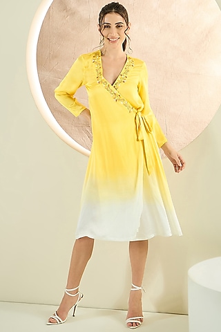 Yellow Ombre Bemberg Modal Satin Floral Thread Embroidered Wrap-Around Dress by First Resort by Ramola Bachchan