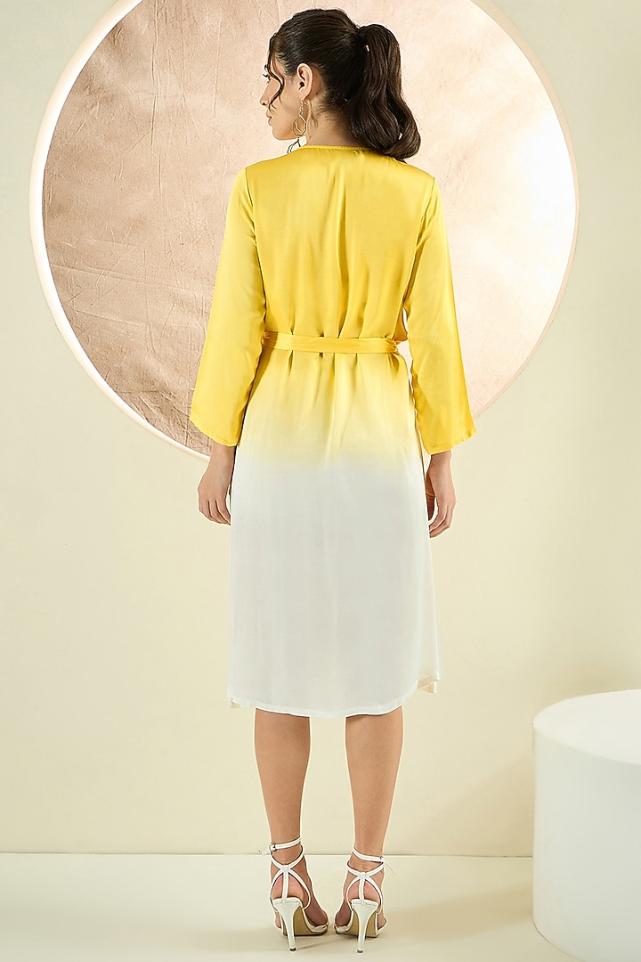 Yellow Ombre Bemberg Modal Satin Floral Thread Embroidered Wrap-Around Summer Dress by First Resort by Ramola Bachchan at Pernia's Pop Up Shop