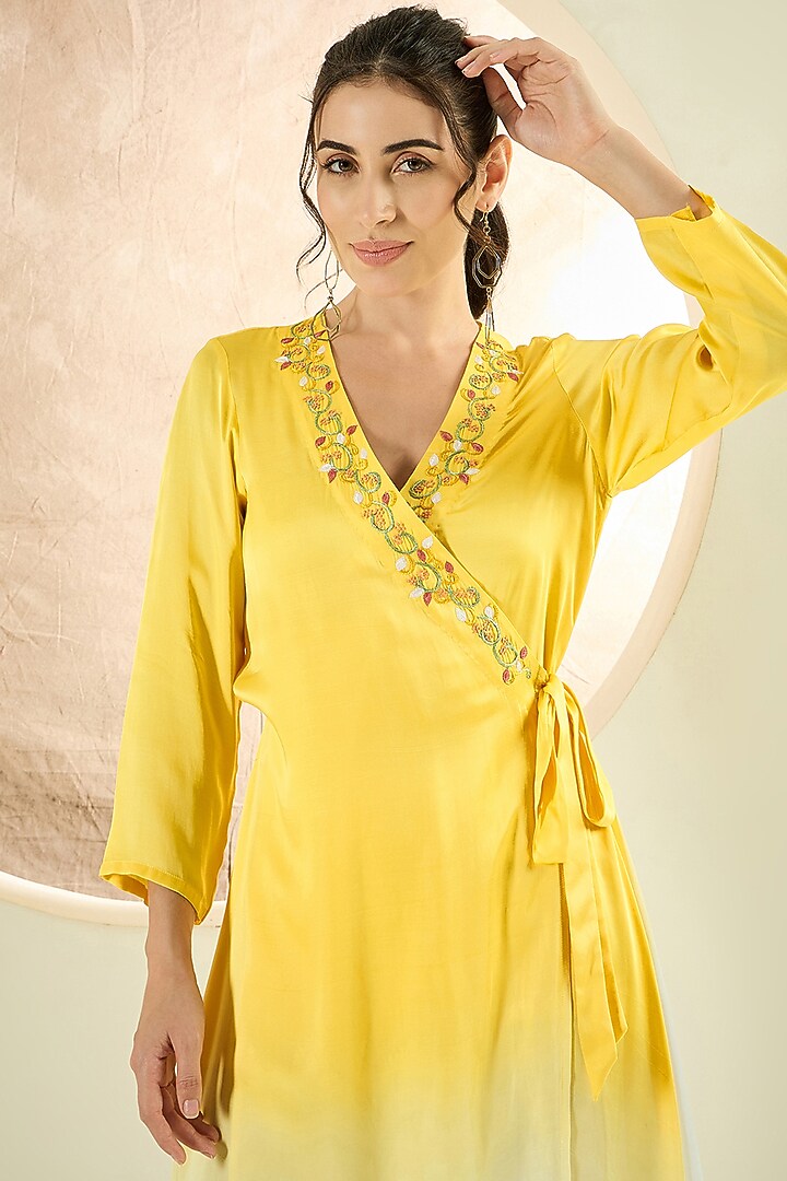 Yellow Ombre Bemberg Modal Satin Floral Thread Embroidered Wrap-Around Summer Dress by First Resort by Ramola Bachchan at Pernia's Pop Up Shop