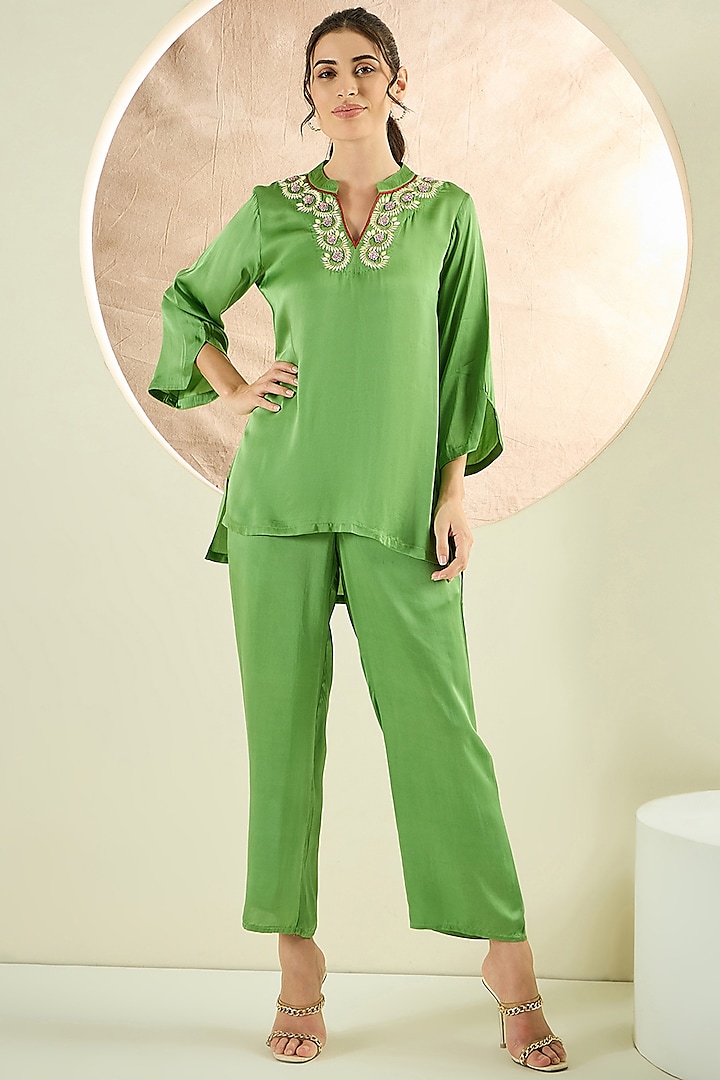 Avocado Green Bemberg Modal Satin Hand Embroidered Co-Ord Set by First Resort by Ramola Bachchan at Pernia's Pop Up Shop