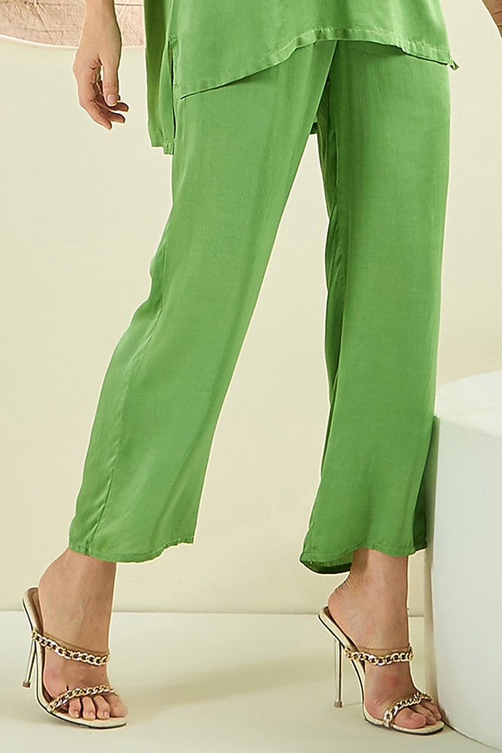 Avocado Green Bemberg Modal Satin Hand Embroidered Co-Ord Set by First Resort by Ramola Bachchan at Pernia's Pop Up Shop