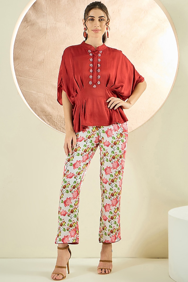 Rust Red Bemberg Modal Satin Embroidered Co-Ord Set by First Resort by Ramola Bachchan at Pernia's Pop Up Shop