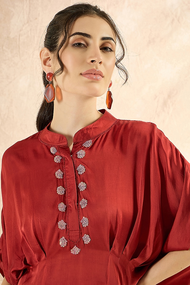 Rust Red Bemberg Modal Satin Embroidered Co-Ord Set by First Resort by Ramola Bachchan at Pernia's Pop Up Shop