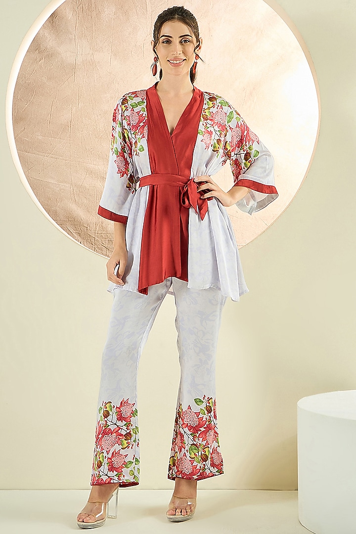 White & Rust Red Bemberg Modal Satin Embroidered Co-Ord Set by First Resort by Ramola Bachchan at Pernia's Pop Up Shop