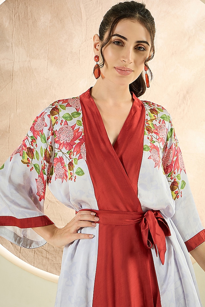 White & Rust Red Bemberg Modal Satin Embroidered Co-Ord Set by First Resort by Ramola Bachchan at Pernia's Pop Up Shop